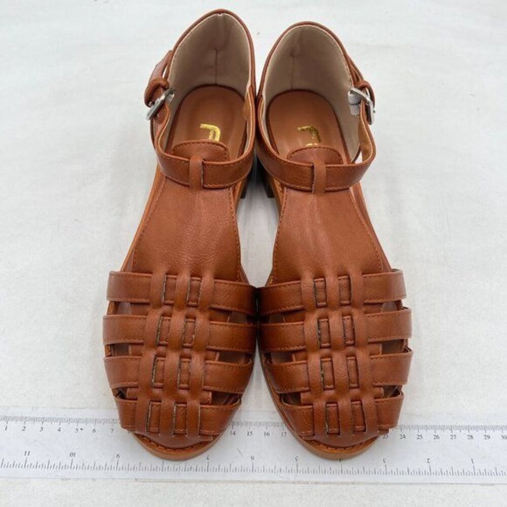 FSJ Women Retro Closed Toe Flats Sandals Low Block Heel Woven Roman Ankle Strap - Picture 3 of 8